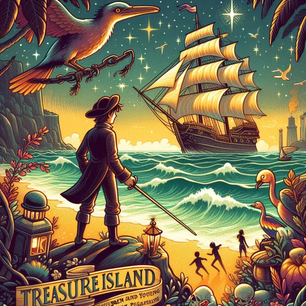 Ilustración de un pirata observando un barco en la costa, con un cielo estrellado y vegetación exótica.